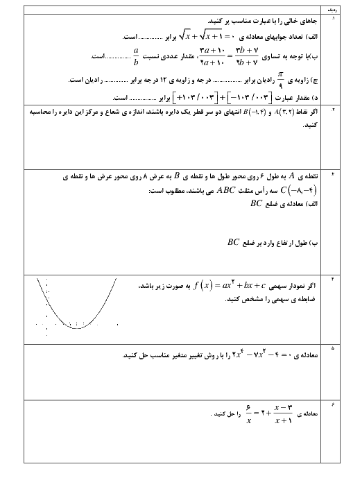 امتحان ترم اول ریاضی (2) یازدهم دبیرستان خواجه عبداله انصاری | دیماه 1396