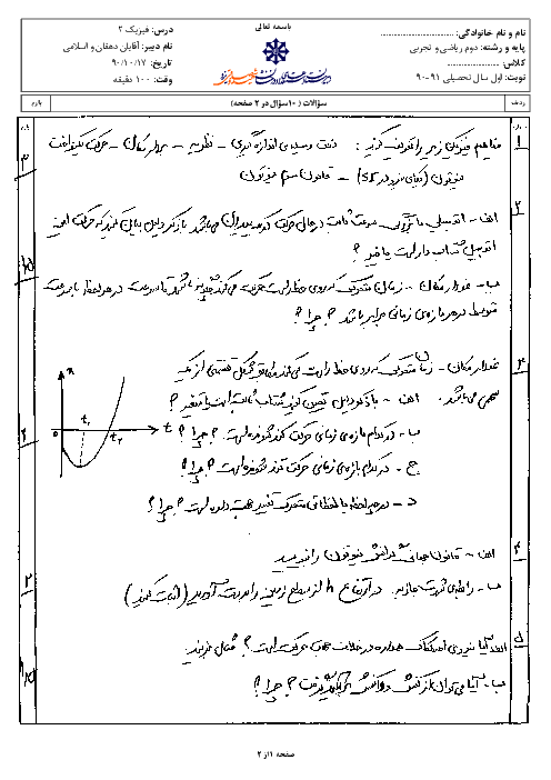 امتحان درس فیزیک (2)  رشته تجربی و ریاضی دی ماه 1390 | دبیرستان شهید صدوقی یزد