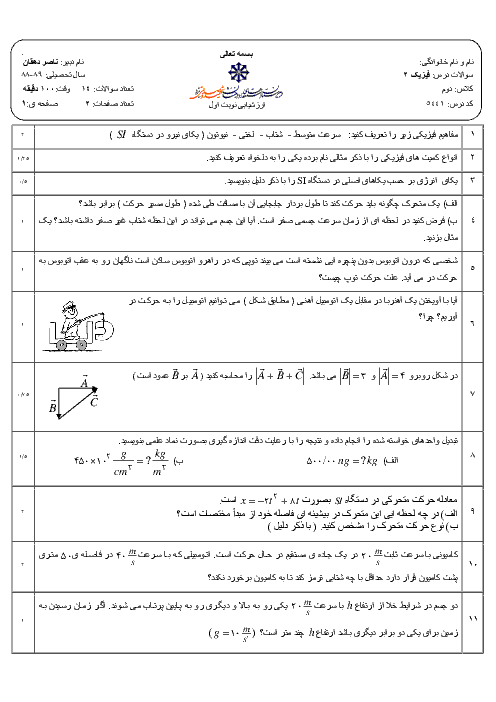 امتحان درس فیزیک (2) رشته تجربی و ریاضی دی ماه 1388 | دبیرستان شهید صدوقی یزد