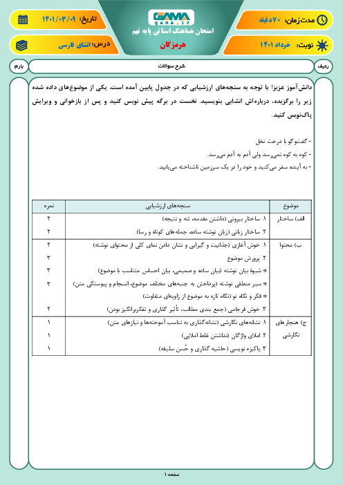امتحان ترم دوم نگارش نهم هماهنگ استان هرمزگان | خرداد 1401