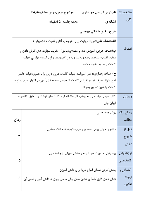 طرح درس روزانه فارسی اول دبستان | نشانه یـ ی (درس دریا)