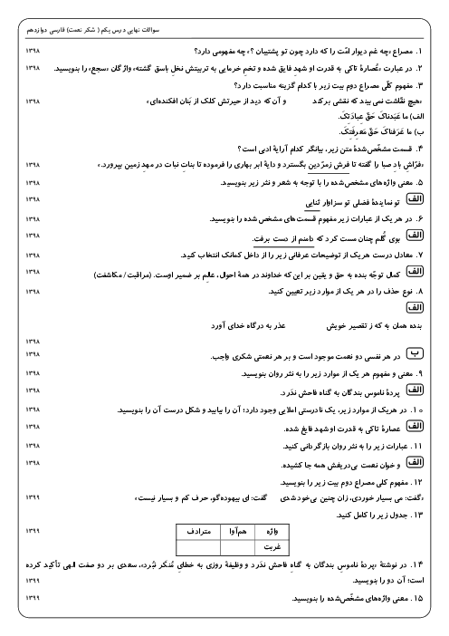 سؤالات طبقه‌بندی شده فارسی (3) دوازدهم در امتحانات کشوری | درس 1 تا 18