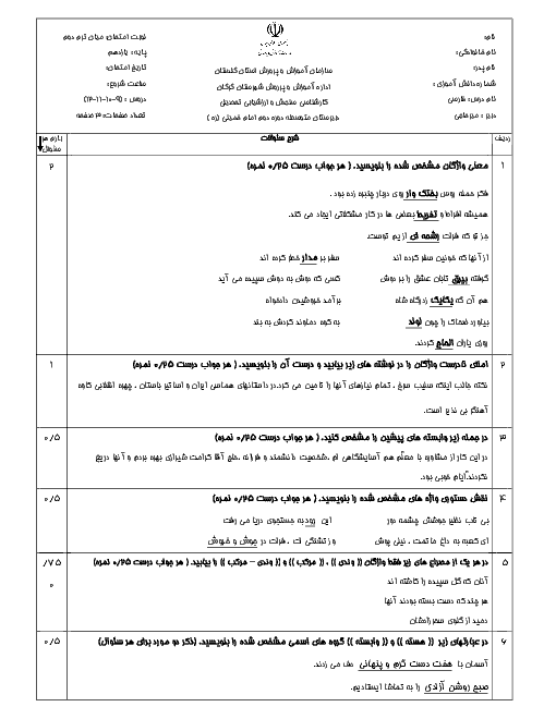 آزمون میان نوبت دوم فارسی (2) پایه یازدهم دبیرستان امام خمینی با جواب |‌ درس 9 تا 12