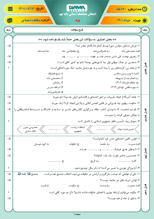 سوالات آزمون نوبت دوم مطالعات اجتماعی نهم هماهنگ استان یزد | خرداد 1401