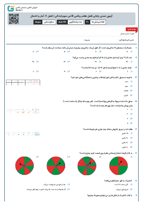 آزمون تستی پایانی فصل هفتم ریاضی کلاس سوم ابتدائی | فصل 7: آمار و احتمال