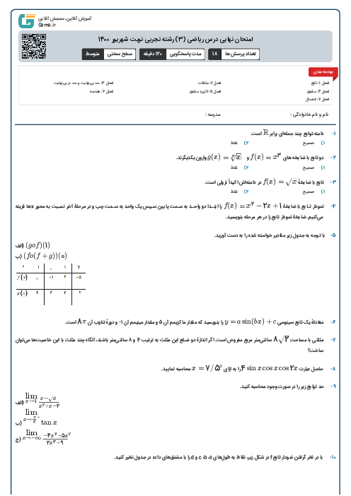 امتحان نهایی درس ریاضی (3) رشته تجربی نوبت شهریور 140۰