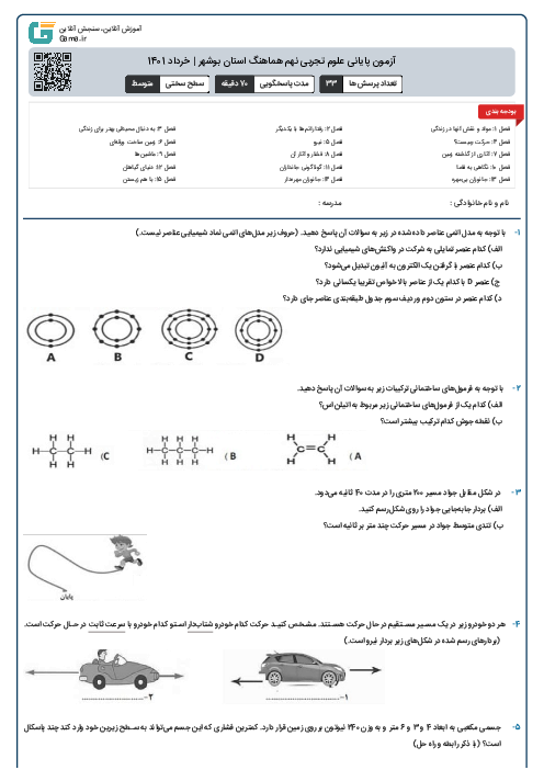 آزمون پایانی علوم تجربی نهم هماهنگ استان بوشهر | خرداد 1401