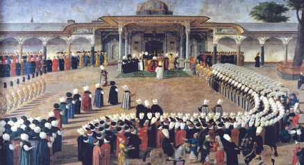 نگارۀ سلطان سلیم سوم (1789-1807 م) هنگام به حضورپذیرفتن مقام&zwnj;های امپراتوری در کاخ توپ کاپی - استانبول