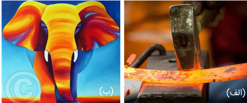 الف) اجسام در دماهاى بالا از سطح خود نور مرئى گسیل می&zwnj;کنند. ب) در دماهای معمولی، بیشتر تابش گسیل شده از سطح اجسام در ناحیۀ فروسرخ طیف قرار دارد