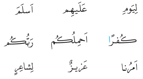 لِیَومِ - عَلَیهِم - اَسلَمَ - کُفرًا - اَحمِلُکُم - رَبُکُم - اَمُرنا - عَزیزٌ - لِشاعِرٍ