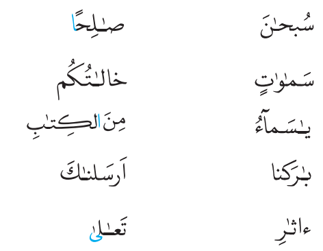 سبحان - صالِحًا - یاسَمآءُ - بارَکنا - اَرسَلناکَ - سَماواتٍ - خالاتُکُم - مِنَ الکِتابِ - ءاثارِ - تَعٰالی