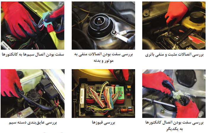 بررسی&zwnj;های لازم برای اتصالات مدارهای الکتریکی و آچارکشی آن&zwnj;ها: بررسی اتصالات مثبت و منفی باتری + بررسی سفت بودن اتصالات منفی به موتور و بدنه + سفت بودن اتصال سیم&zwnj;ها به کانکتورها + بررسی سفت بودن اتصال کانکتورها به یکدیگر + بررسی فیوزها + بررسی عایق بندی دسته سیم