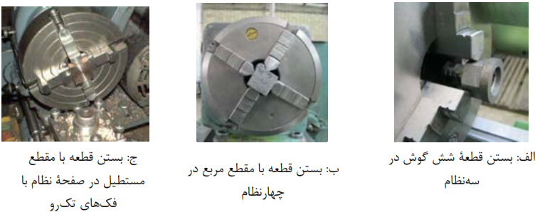 الف: بستن قطعه شش گوش در سه نظام+ب: بستن قطعه با مقطع مربع در چهارنظام+ ج: بستن قطعه با مقطع مستطیل در صفحه نظام با فک&zwnj;های تکرو