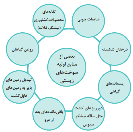 بعضی از منابع اولیه سوخت&zwnj;های زیستی: تفاله&zwnj;های محصولات کشاورزی+ضایعات چوبی+روغن گیاهان+درختان شکسته + پسماندهای گیاهی+تبدیل زمین&zwnj;های بایر به زمین&zwnj;های قابل کشت+دورریزهای کشت مثل ساقه نیشکر، سبوس+باقیمانده&zwnj;های بعد از درو