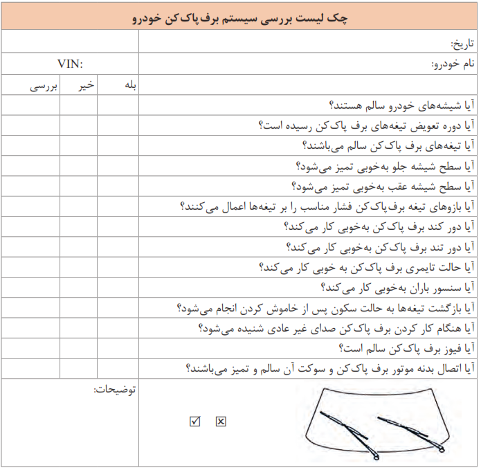 چک لیست بررسی سیستم برف پاک&zwnj;کن خودرو