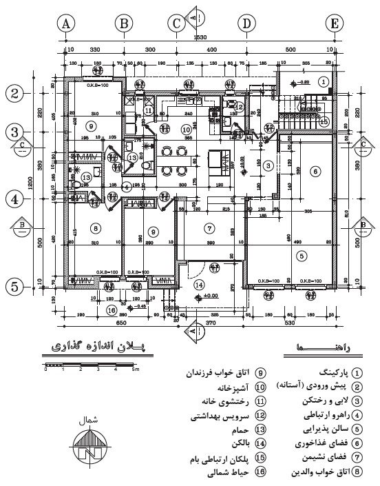 پلان اندازه&zwnj;گذاری مرحلۀ دوم معماری از ساختمان مسکونی ویلایی
