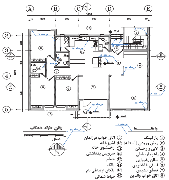 مراحل تکمیلی نوشته&zwnj;ها و راهنماهای پلان مرحلۀ دوم معماری از ساختمان مسکونی ویلایی
