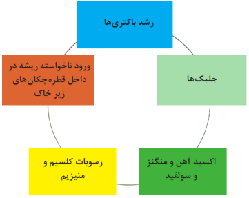علل مختلف گرفتگی: 1- جلبک&zwnj;ها 2- رشد باکتری&zwnj;ها 3- ورود ناخواسته ریشه در داخل قطره چکان&zwnj;های زیر خاک 4- رسوبات کلسیم و منیزیم 5- اکسید آهن و منگنز و سولفید 