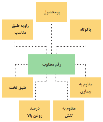 رقم مطلوب: 1- مقاوم به بیماری 2- مقاوم به تنش 3- درصد روغن بالا 4- طبق تخت 5- زاویه طبق مناسب 6- پر محصول 7- پا کوتاه