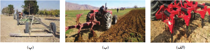 شکل 6- (الف) زیرشکن، (ب) گاوآهن برگردان&zwnj;دار و (پ) لولر یا تسطیح&zwnj;کننده زمین