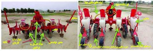  ساختمان ردیف&zwnj;کار پنوماتیکی بدون کودکار از عقب (راست) و جلوی دستگاه (چپ)