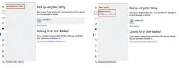 شکل 33- پنجره Backup using File History در دو حالت اتصال و عدم اتصال حافظه خارجی به رایانه