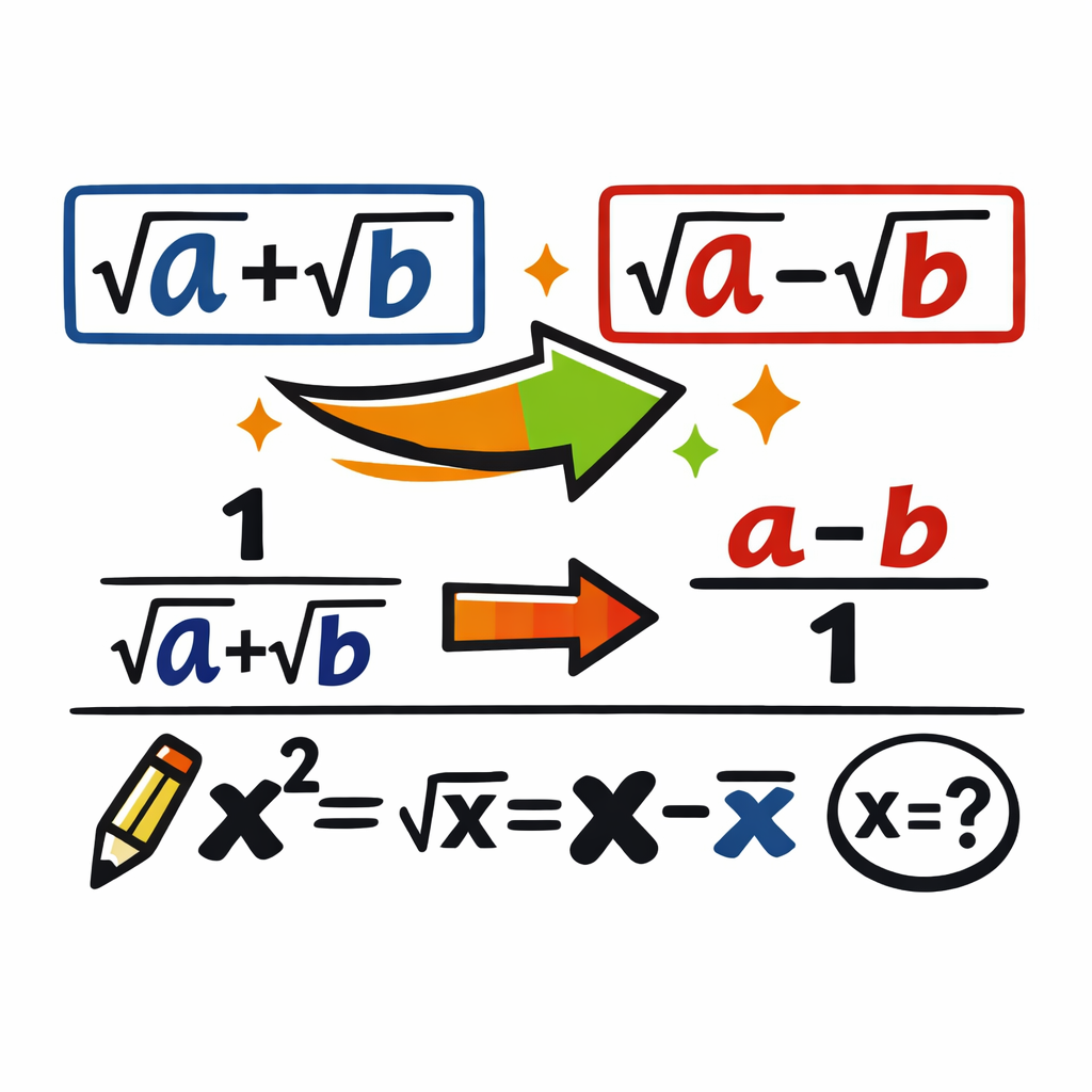 مزدوج: دو عبارت مانند √a+√b و √a−√b که مجموع و تفاضل دو جزء یکسان‌اند