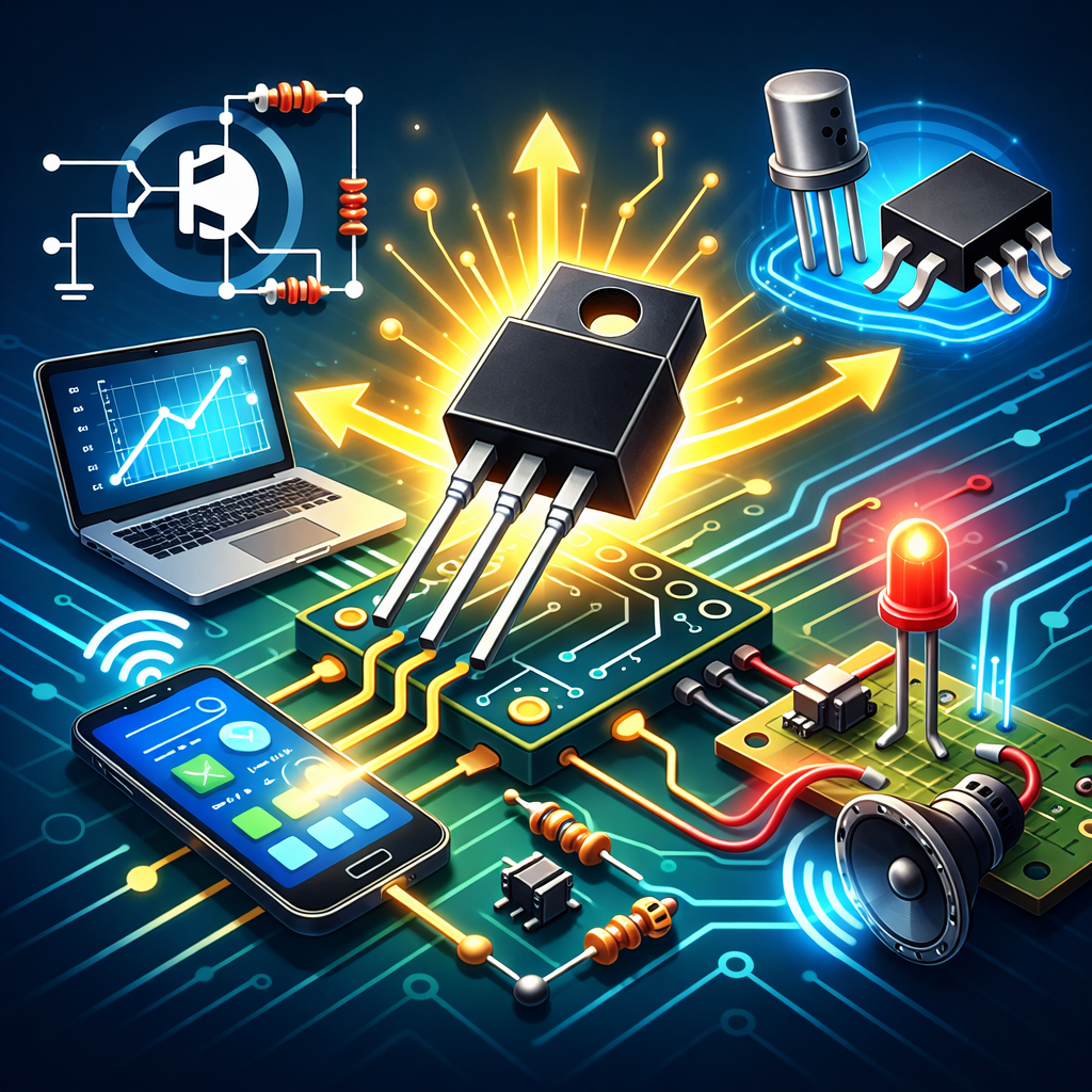 ترانزیستور: قطعه‌ای الکترونیکی برای تقویت یا کنترل جریان الکتریکی به‌کار می‌رود.