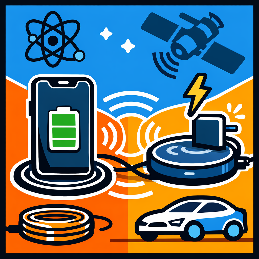 شارژر بی‌سیم: وسیله‌ای که انرژی الکتریکی را بدون تماس مستقیم به دستگاه منتقل می‌کند.