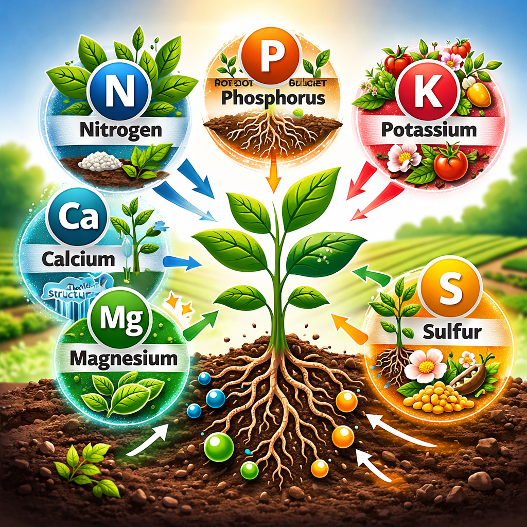 عناصر پرمصرف: عناصری که گیاهان به مقدار زیاد برای رشد به آن‌ها نیاز دارند.