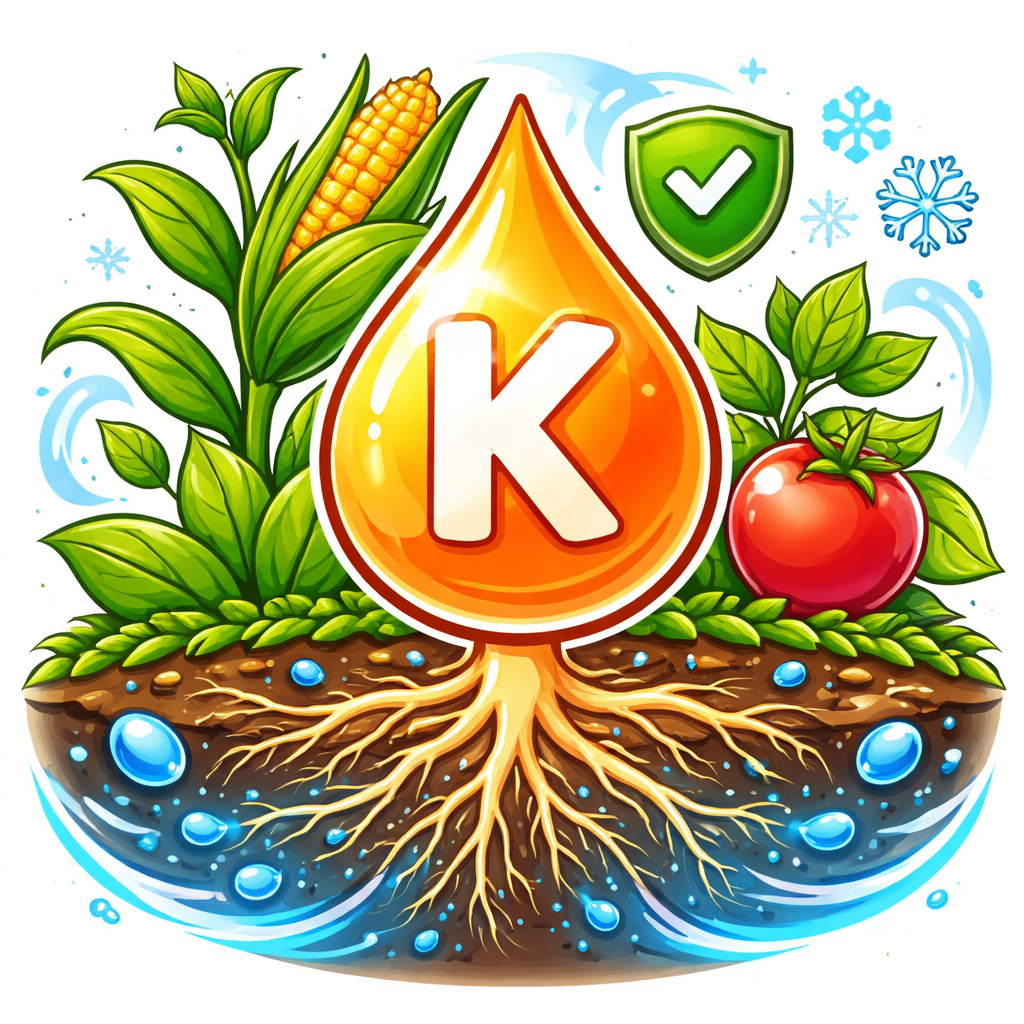 پتاسیم: عنصر غذایی پرمصرف که در تنظیم آب و مقاومت گیاه نقش دارد.