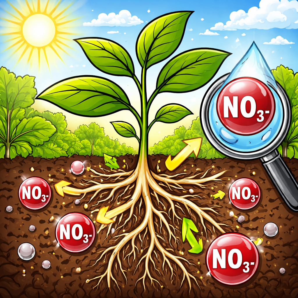یون نیترات: شکل محلول نیتروژن که از طریق ریشه جذب گیاه می‌شود.