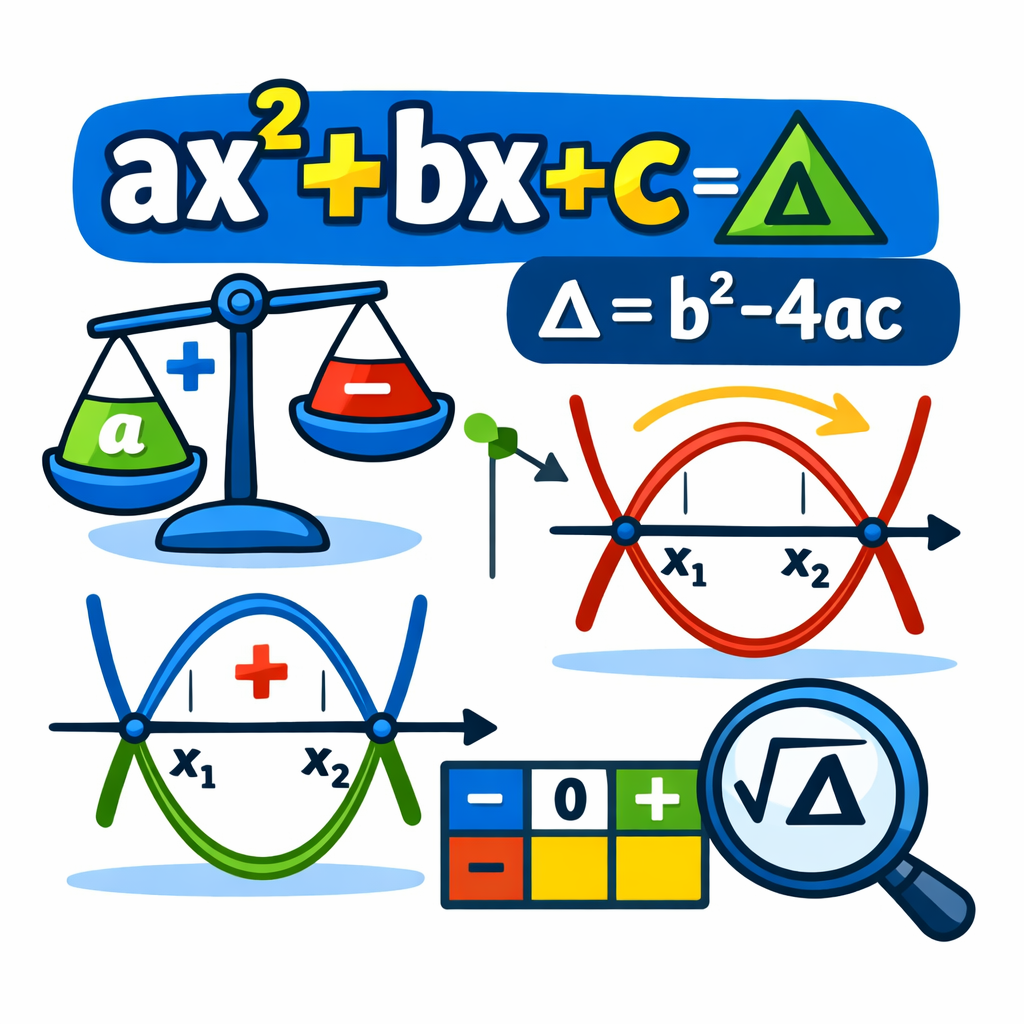 علامت چندجمله‌ای درجه دوم: مثبت یا منفی بودن مقدار ax^2+bx+c در بازه‌های مختلف که به a و Δ و ریشه‌ها وابسته است