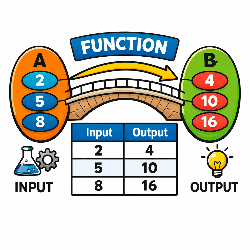تابع از مجموعه A به مجموعه B: تابعی که دامنه آن A و مجموعه مقصد آن B است و به هر عضو A دقیقاً یک عضو از B نسبت می‌دهد