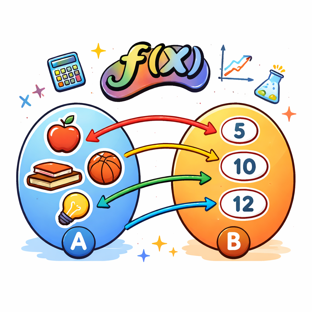 تابع از مجموعه A به مجموعه B: تابعی که دامنه آن A و مجموعه مقصد آن B است و به هر عضو A دقیقاً یک عضو از B نسبت می‌دهد