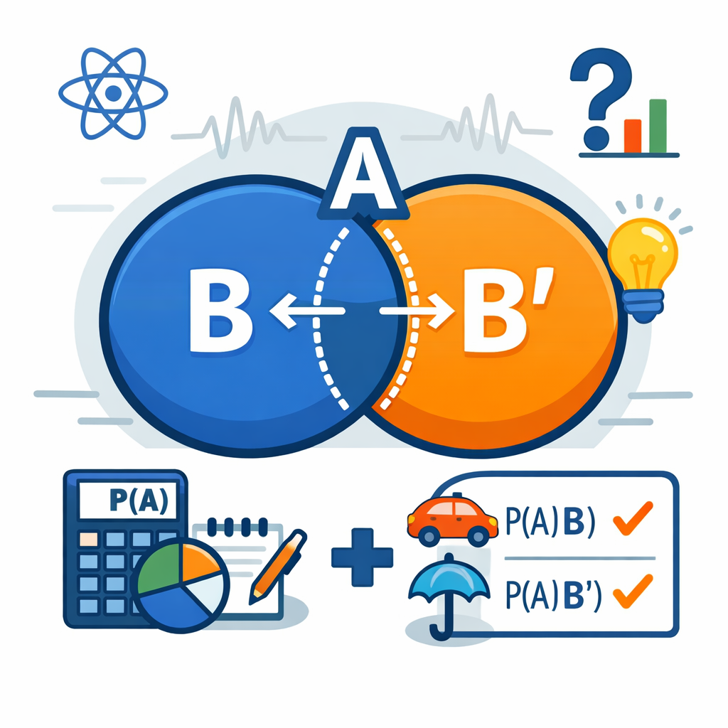 حالت دو عضوی قانون احتمال کل: حالت n=2 که در آن فضای نمونه با B و متمم آن افراز می‌شود و P(A)=P(B)P(A|B)+P(B′)P(A|B′)