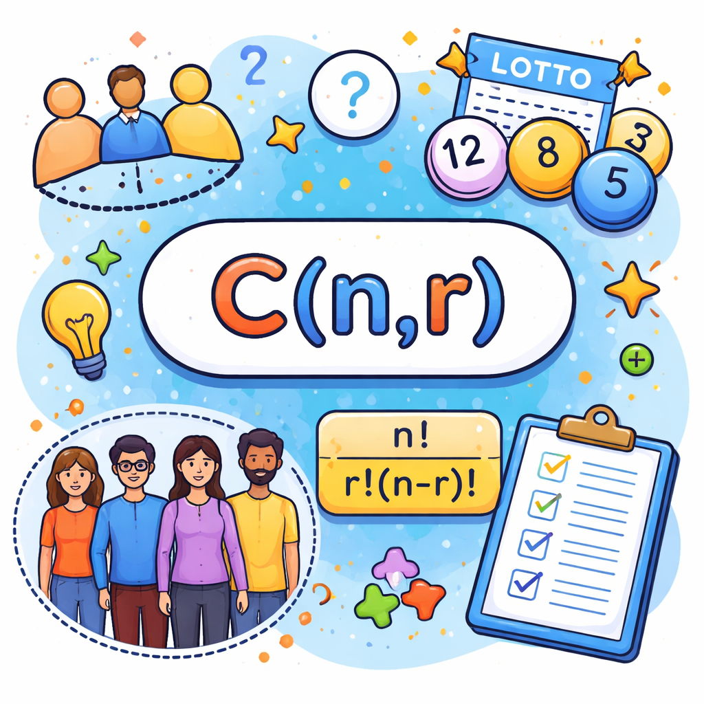 تعداد ترکیب‌های rتایی از n شیء متمایز: تعداد انتخاب‌های rتایی بدون ترتیب که با C(n,r) نمایش داده می‌شود