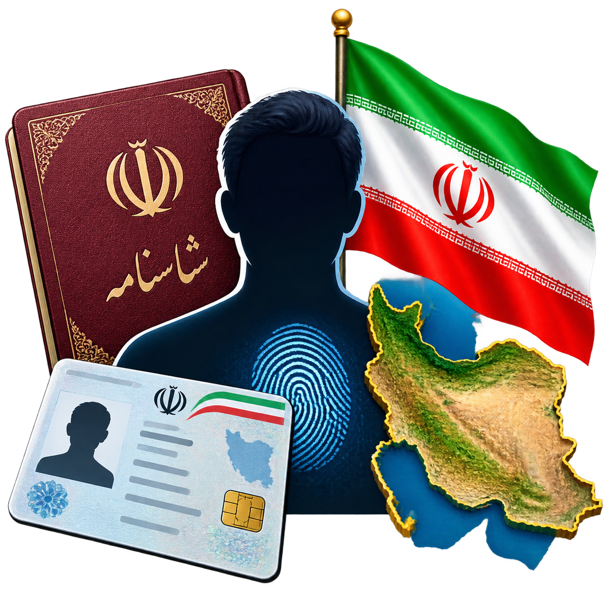 هویت فردی و ملی: شناخت رسمی فرد از راه نام، نام خانوادگی، شناسنامه و تعلق به کشور.