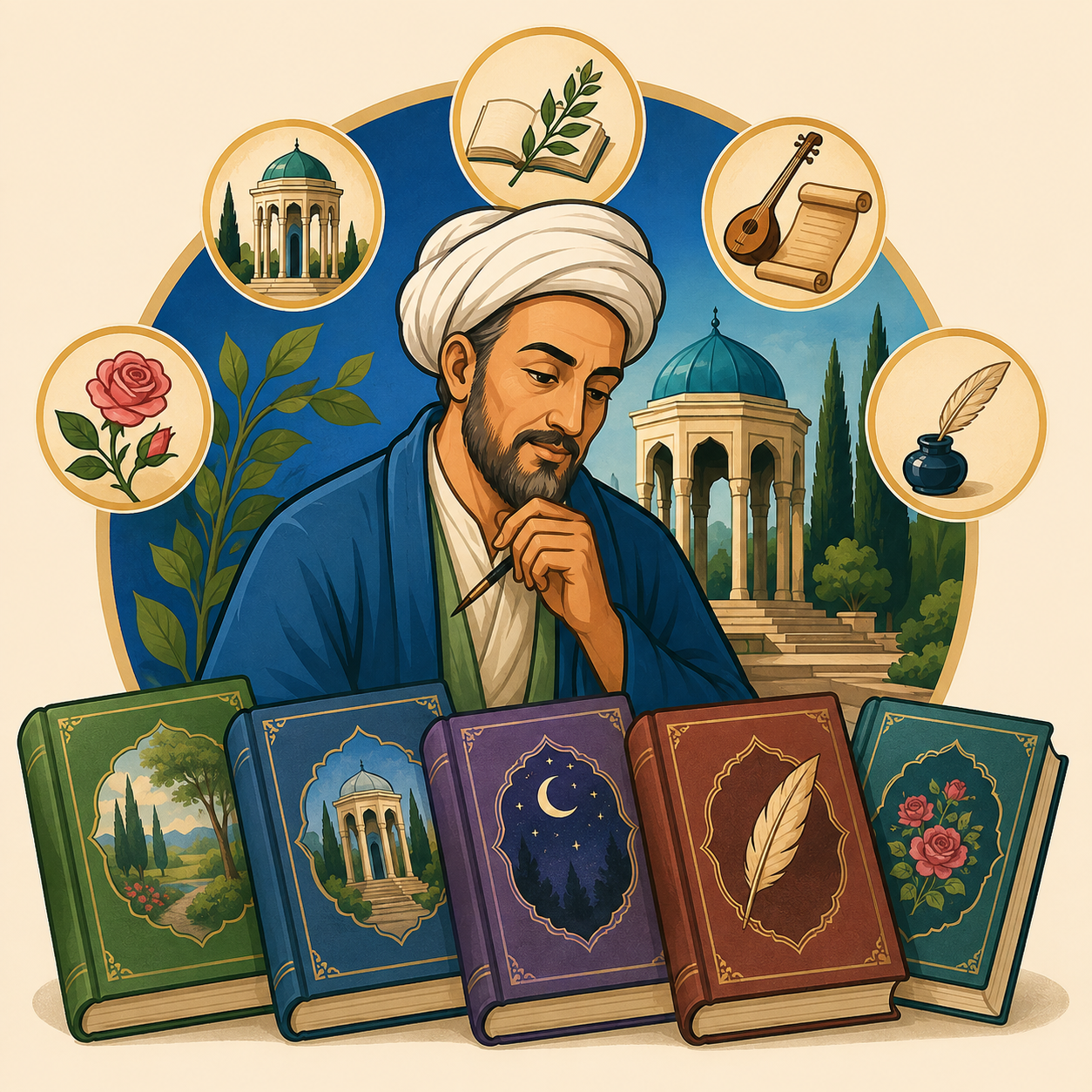 کلیات سعدی: مجموعهٔ آثار سعدی شامل بوستان، گلستان، غزلیات، قصاید و دیگر سروده‌های او.