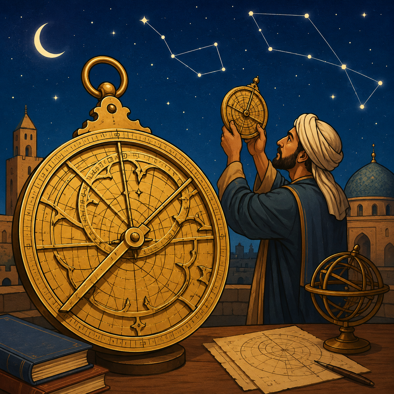 اسطرلاب: وسیله‌ای قدیمی که ستاره‌شناسان برای تعیین موقعیت ستارگان و وقت استفاده می‌کردند.