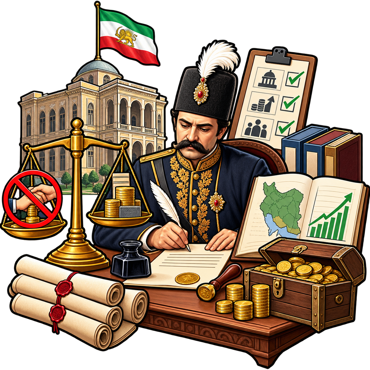 اصلاحات اداری و مالی قاجار: سامان‌دهی ادارهٔ کشور برای افزایش نظم، کاهش فساد، جلوگیری از فروش مقام و اصلاح دریافت مالیات.