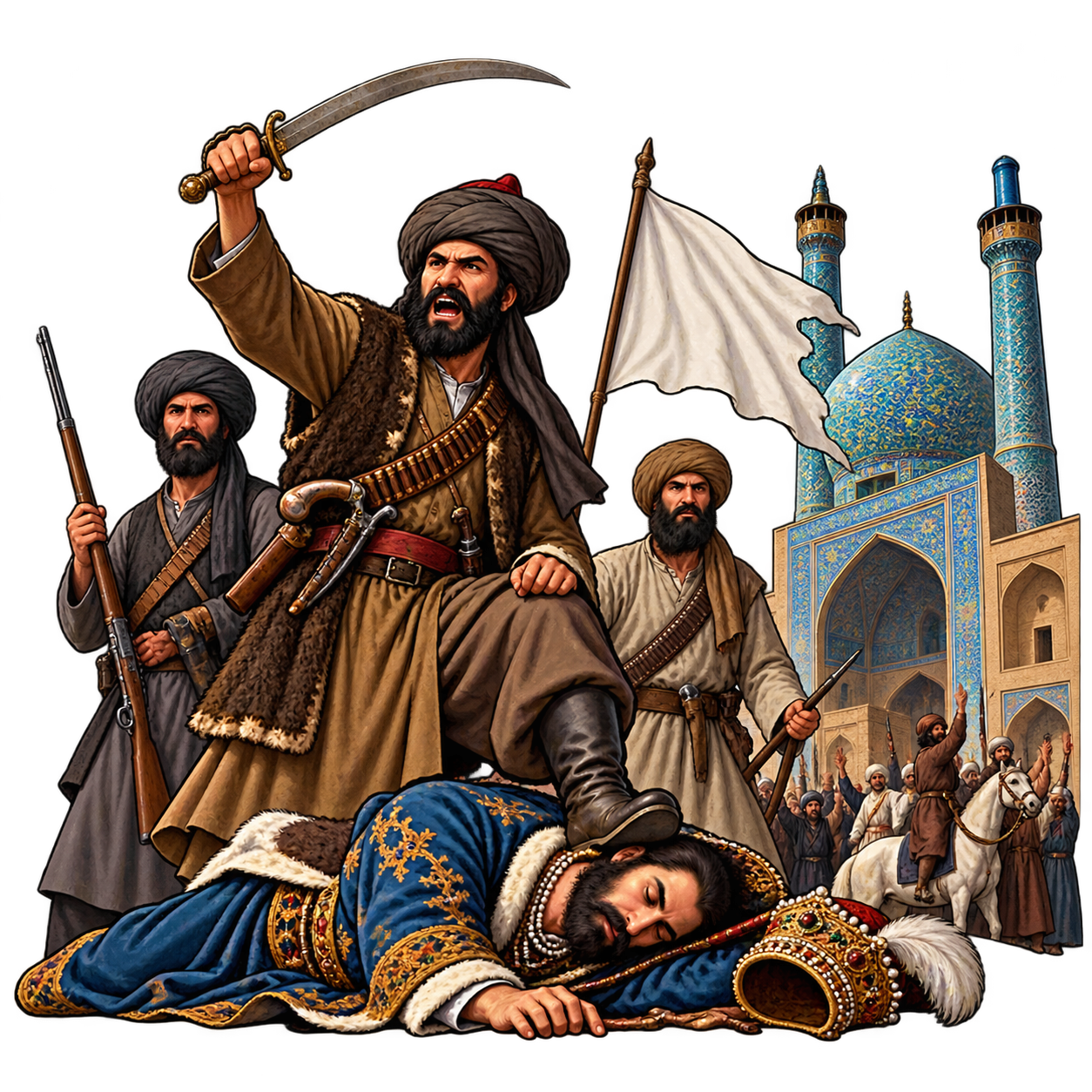 تسلط افغان‌ها بر اصفهان: رویدادی که با سقوط عملی صفویان، قتل شاه سلطان حسین و آغاز آشفتگی سیاسی ایران همراه شد.