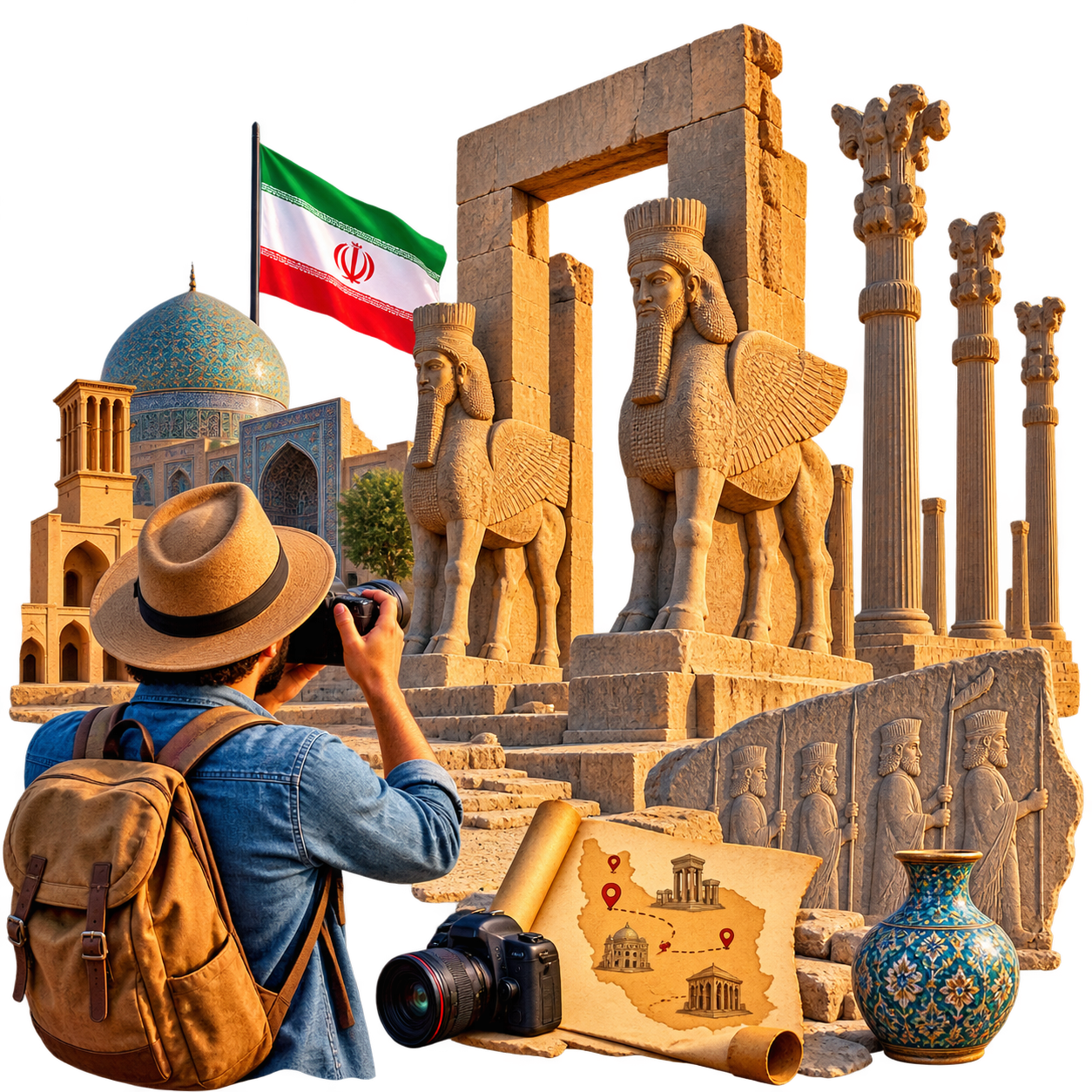 گردشگری تاریخی و بناهای تاریخی ایران: بازدید از آثار ارزشمند گذشته مانند تخت جمشید و دیگر بناهای ملی.