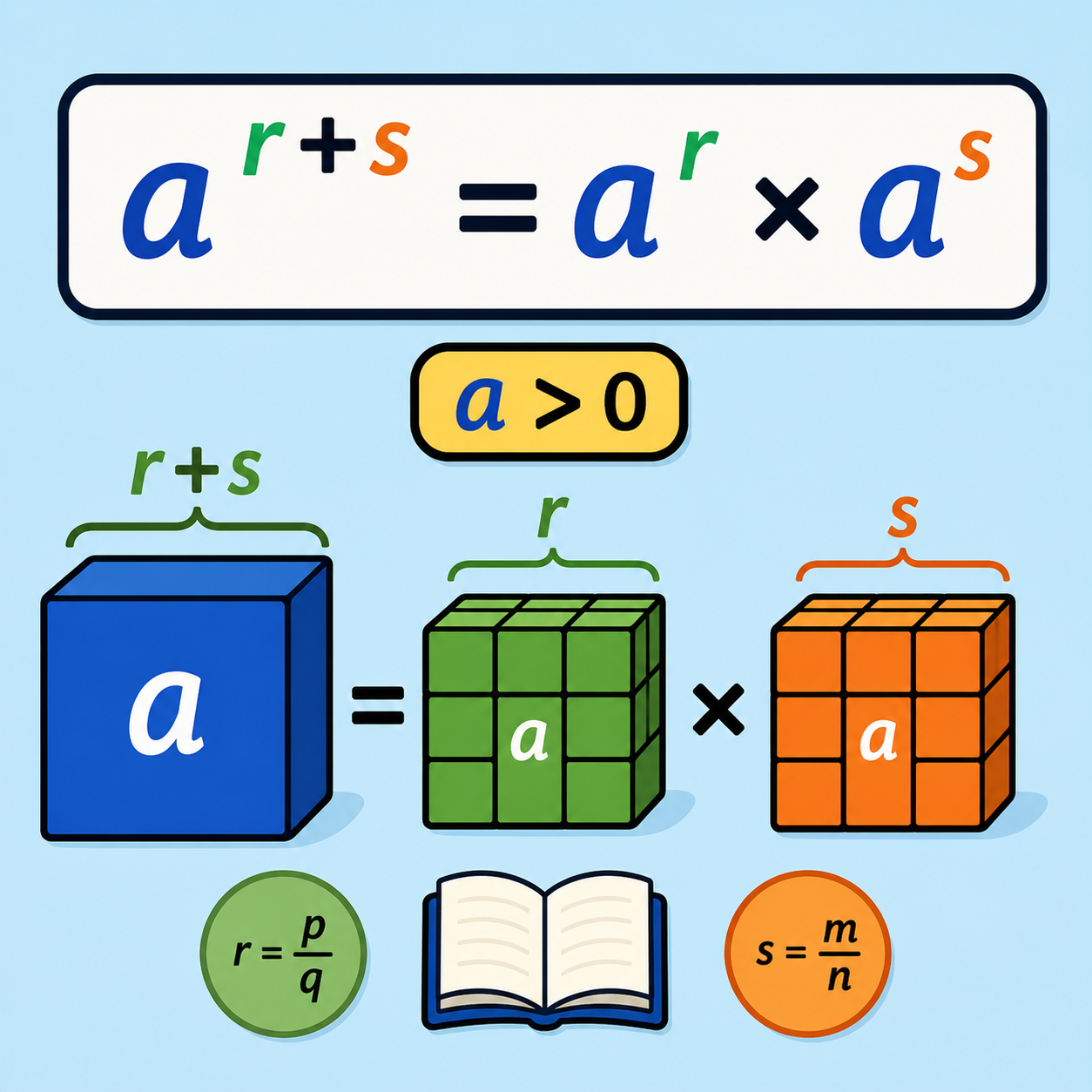 قانون جمع توان‌های گویا: برای r و s گویا و a>0، a^(r+s)=a^r × a^s