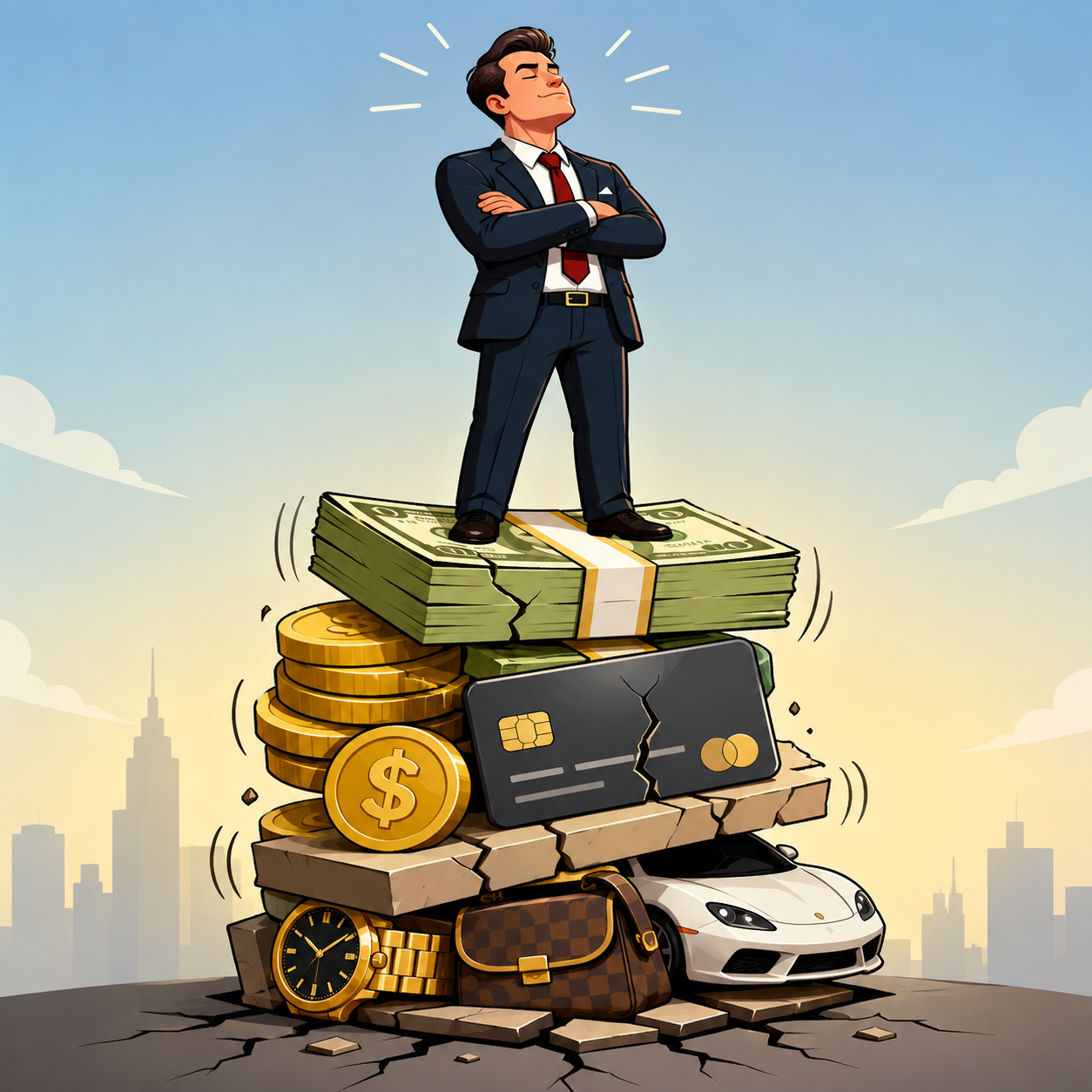 اعتماد افراطی به امکانات و غرور ناشی از دارایی: احساس امنیت و برتری کاذب بر پایهٔ پول یا امکانات موقّت که نوعی اعتماد بی‌جا به دارایی است.