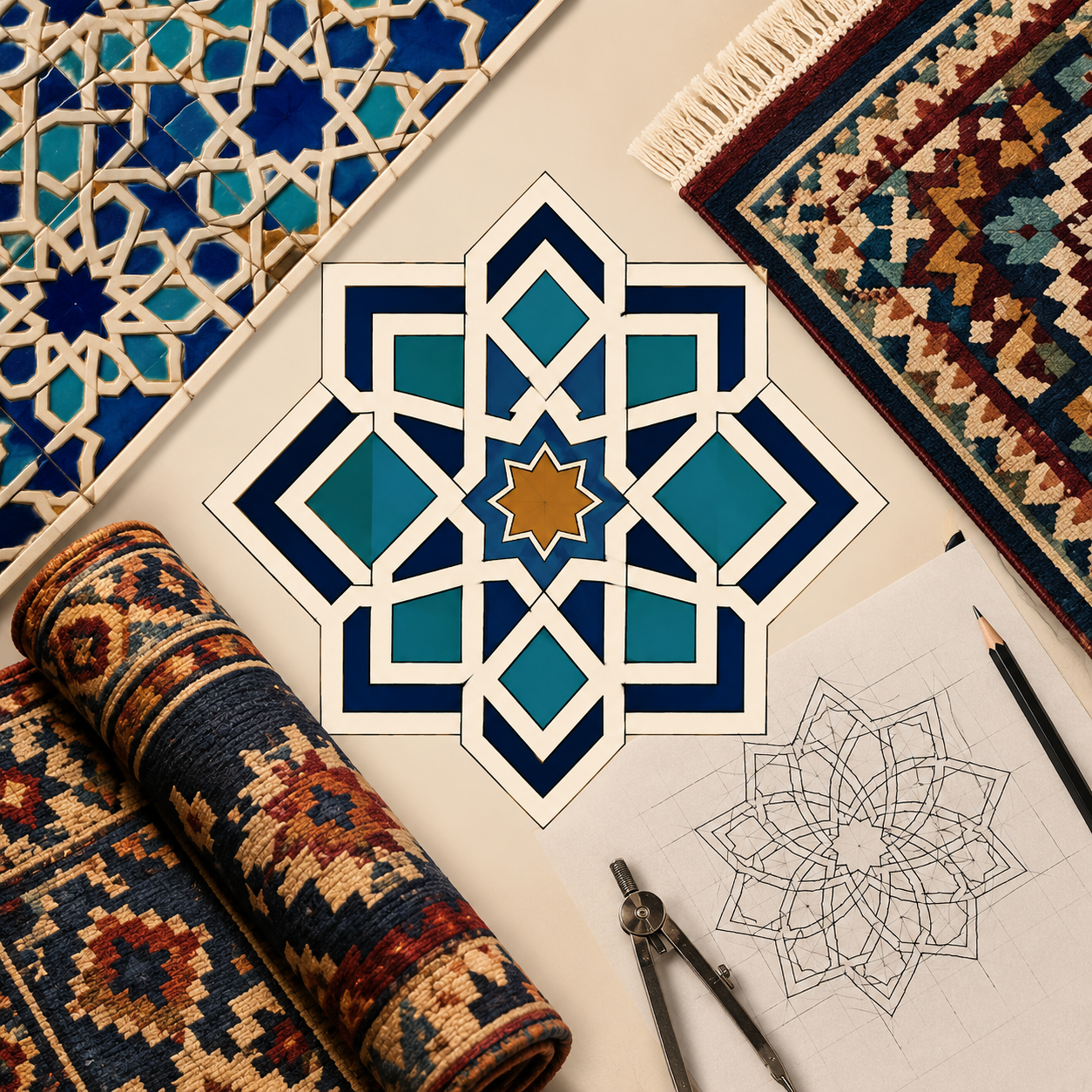 کاربرد گره و نقوش هندسی: استفاده از طرح‌های هندسی برای تزیین آثاری مانند کاشی‌کاری، قالی، گلیم و دیگر هنرهای سنتی.