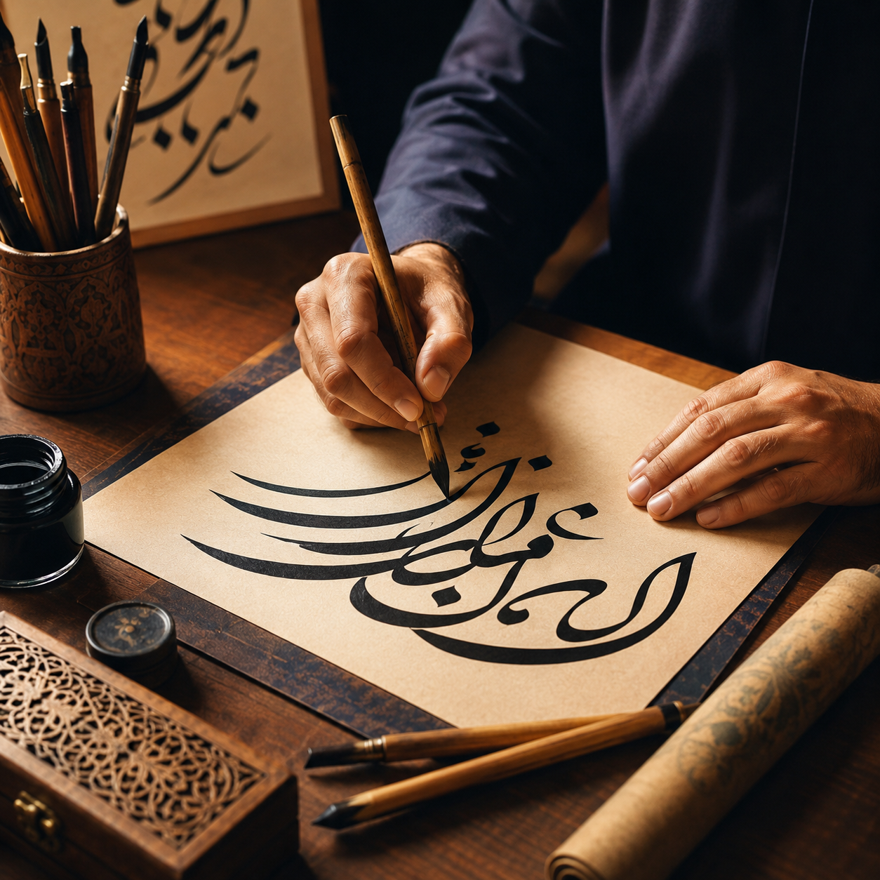 خطاط: هنرمندی که با خوشنویسی و خط زیبا، کتیبه‌ها و نوشته‌ها را می‌نویسد.