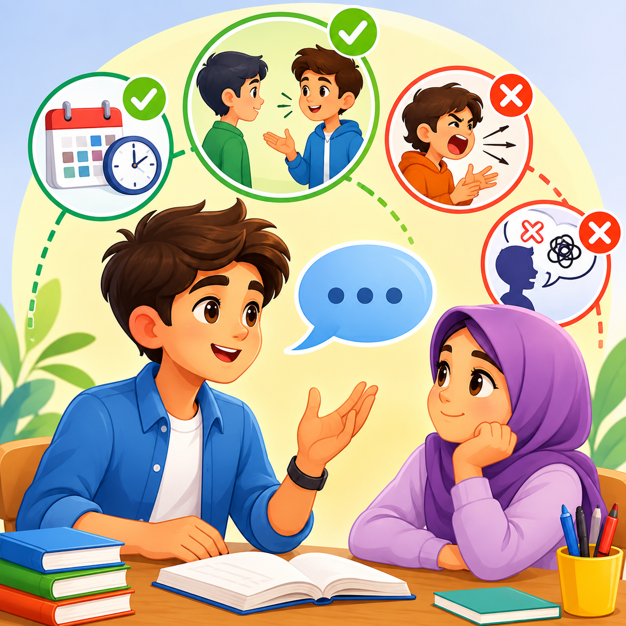 آداب سخن: سخن گفتن سنجیده و متناسب با زمان، مکان و مخاطب، پرهیز از پرگویی، و خودداری از گفتار نادرست.