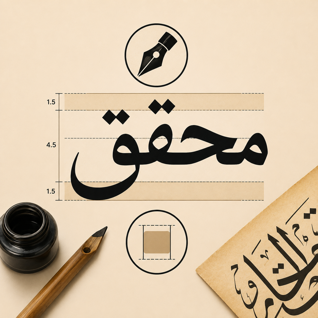 خط محقق: خطی درشت، منظم، ساده و یکدست با یک‌ونیم دانگ دور و چهارونیم دانگ سطح.