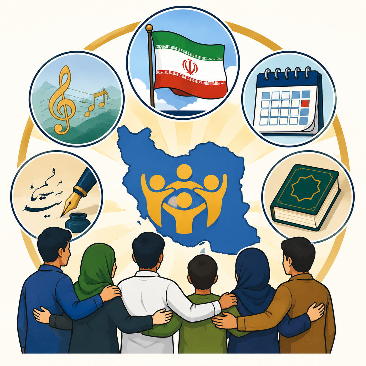 نشانه‌های مشترک ملّی: نشانه‌هایی مانند پرچم، سرود ملّی، تقویم مشترک، زبان و خط رسمی که مردم یک کشور را به هم پیوند می‌دهند.